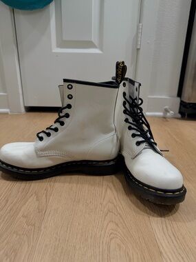 Dr. Martens AirWair White Leather 8-Eye Combat Boots with Black Laces